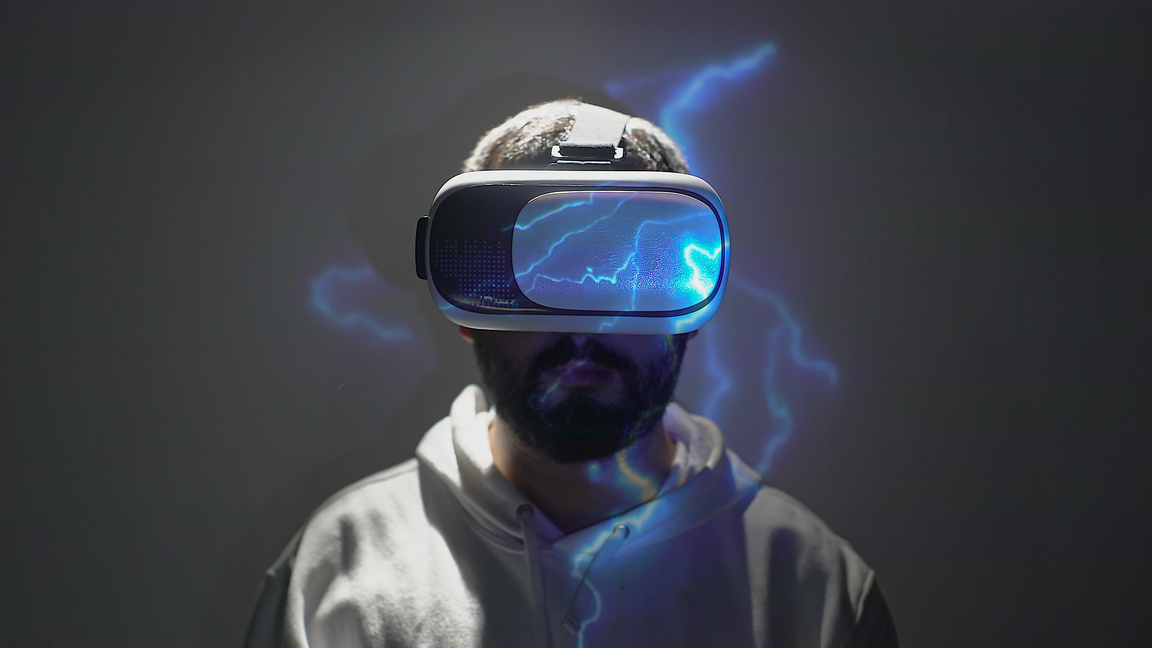 virtual reality programming concept. vr goggles with lightni